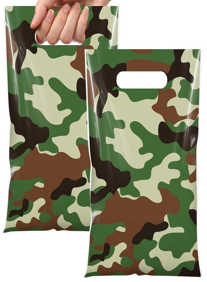 Funrous 100 Pcs Camo Party Gift Bags Green Camouflage Birthday Party Favor Goodie Bags Military Plastic Candy Totes for Veterans Army Baby Shower Birthday Decorations Supplies - Image 1